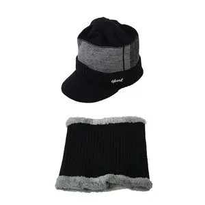 Fashion Culture Unisex Sporty Knit Brimmed Beanie Set - Fleece-Lined Hat, Neck Warmer, Black/Grey Eye Shading Fashion Accessory for Sporty Style