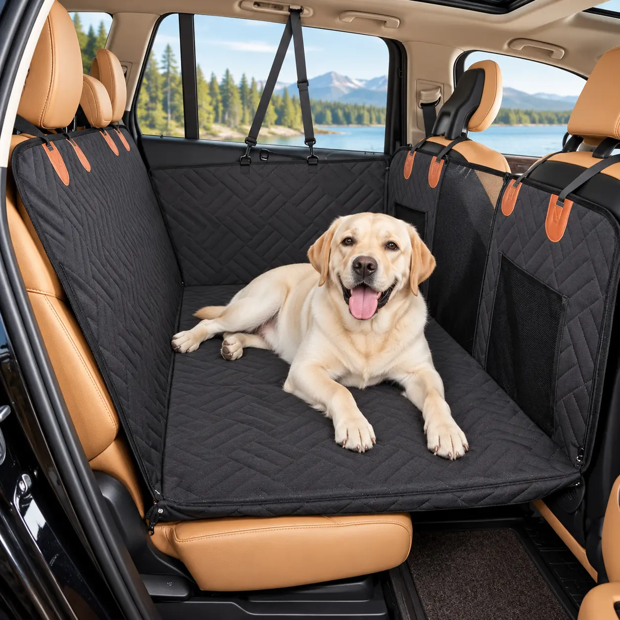 Hard Bottom Dog Car Seat Cover for Back Seat, Dog Car Bed Extender with Strong Support, Waterproof Scratch Resistant Pet Hammock Protector for Cars SUVs Trucks