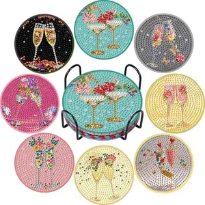 8-Piece Diamond Art Coaster Set with Stand, DIY Wine Glass Pattern, Perfect for Adults & Beginners, Craft Kit Gift for Friends, Diamond Painting Coasters