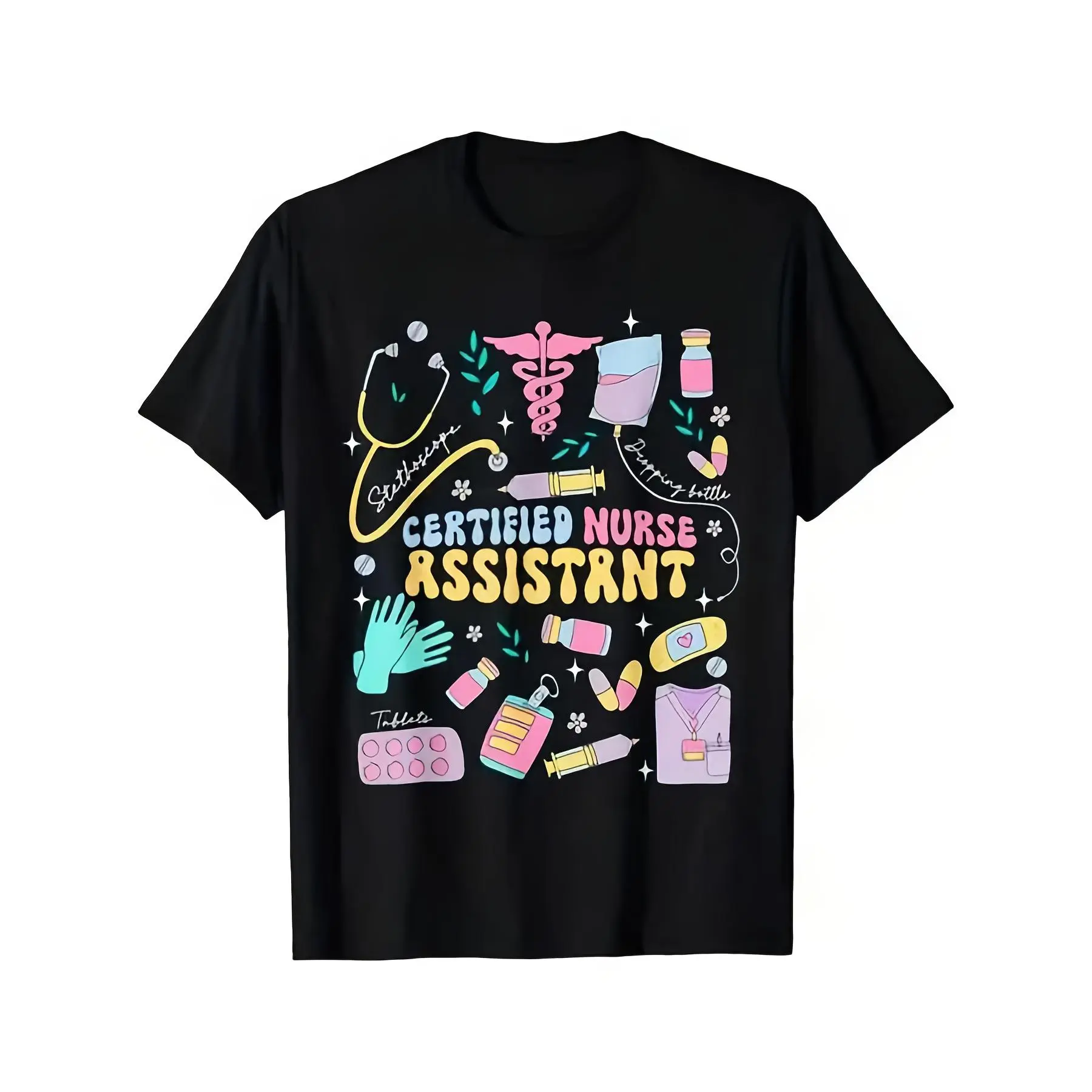 Men's CNA Certified Nursing Assistant Shortleeve Top - 100% Cotton Menswear Fabric, Retro Stethoscope & EKG Print, All-Season Casual/Gym/Streetwear, Ideal Gift for Healthcare Pros (Black), Shortsleeve, Tshirt