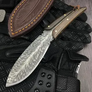 Hot Sale High Quality Fixed Blade Knife Feather Pattern Blade Walnut Handle Outdoor Defense Camping Knife Survival Carry Utility Knife Survival Gear Survival Equipment Stainless Steel Knives