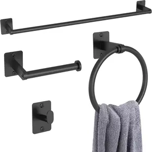 Matte Black 4-Piece Bathroom Accessories Set: Includes 24-inch Towel Bar, Towel Racks, Robe Hooks, and Wall-Mounted Toilet Paper Holder