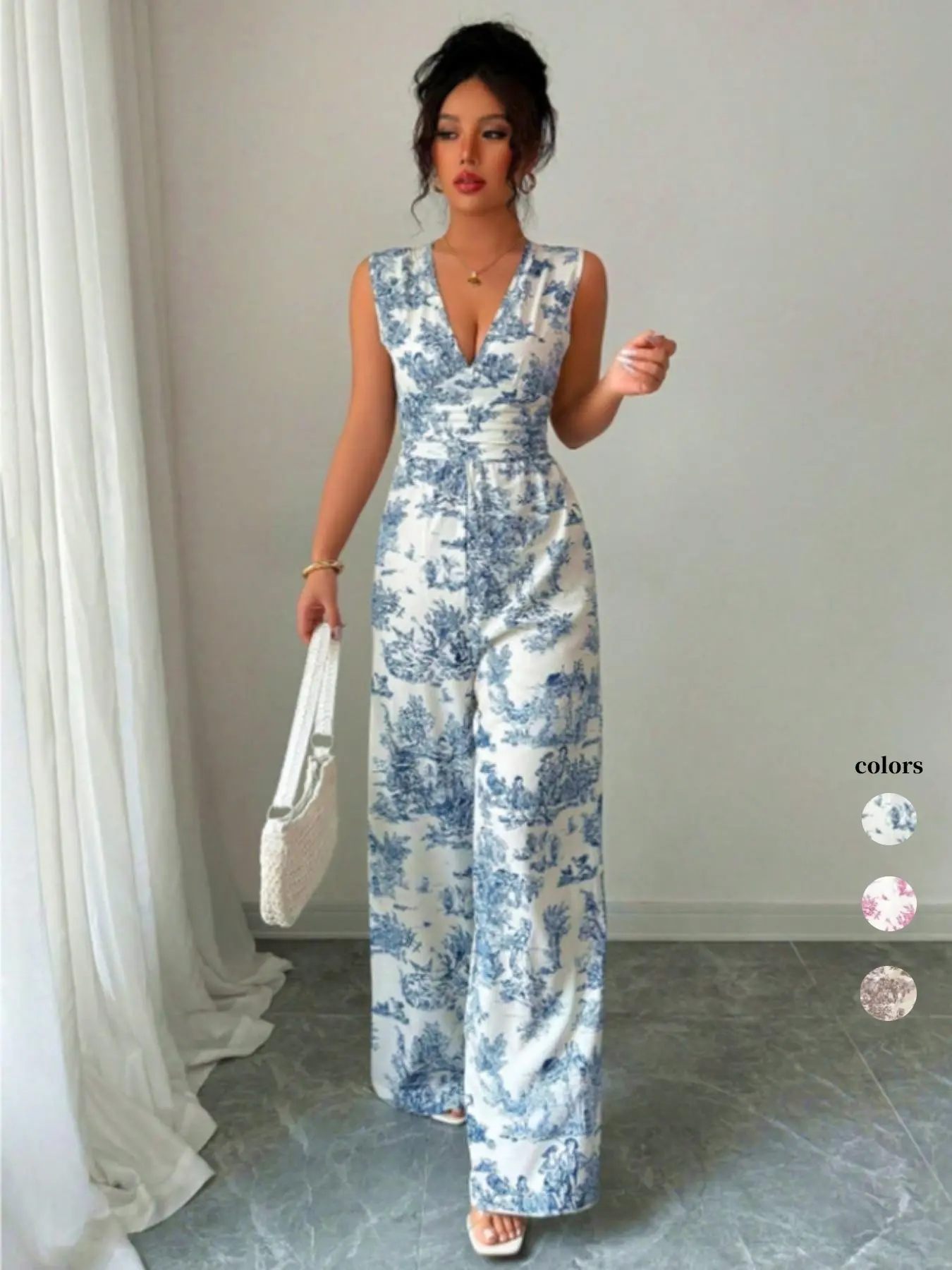 Women's Blue-Print Sleeveless Jumpsuit with Deep V-Neck and High-Waist Wide-Leg Pants, Casual Vacation Party Wear