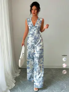 Women's Blue Print Sleeveless Jumpsuit, Deep V Neck High Waist Wide Leg Pants, Casual Vacation Party Wear