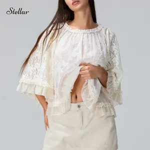 Women Bell Sleeve Flowy Sheer Mesh Blouse Tunic Poncho Top Ruffle Y2k Shawl Shirt See Through Cover Up