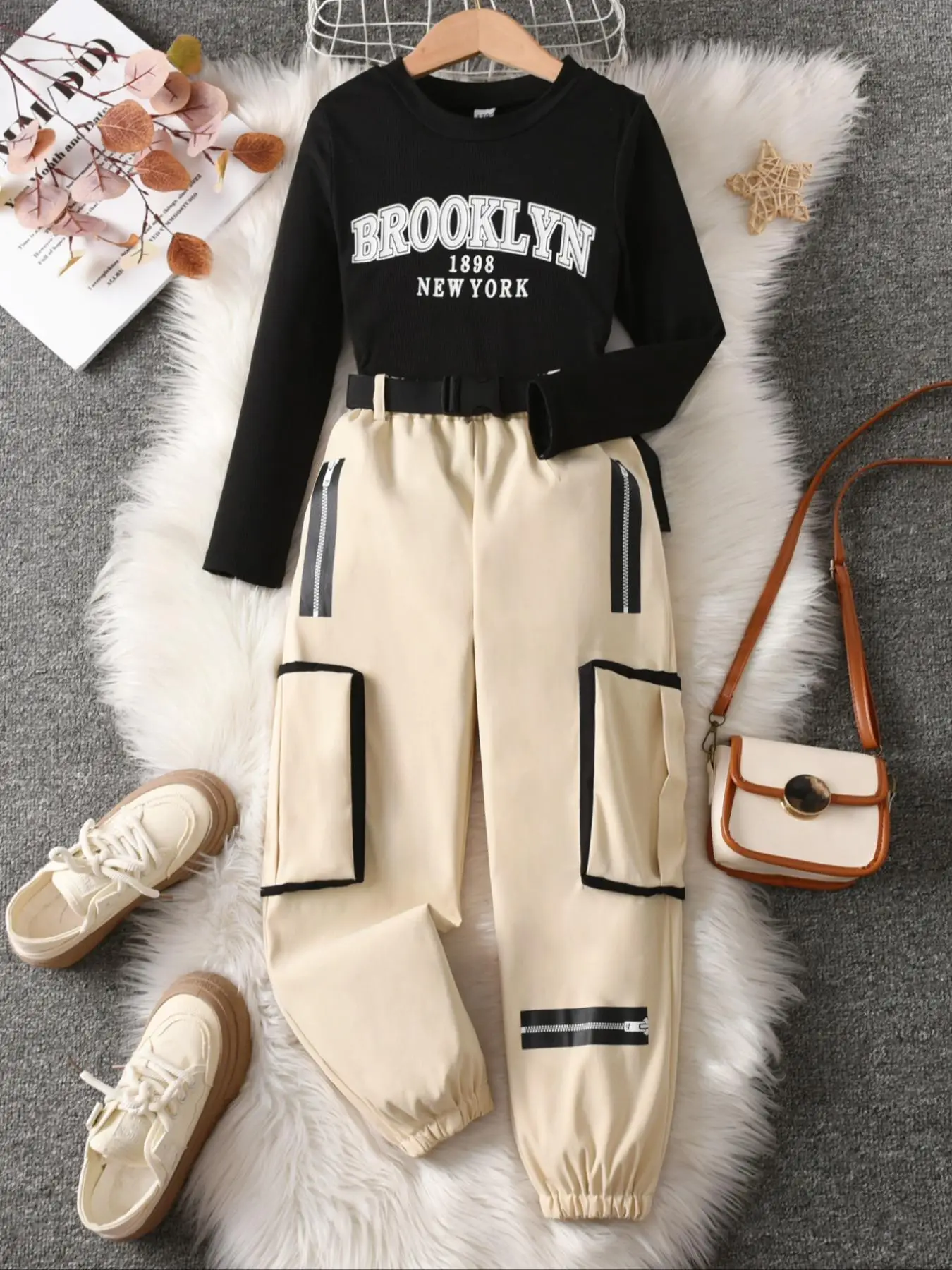 Two-Piece Set Girl's Solid Long Sleeve Sweatshirt & Pants Set, Casual Round Neck Pullover & Pants for Daily Wear, Kids Clothes for All Seasons