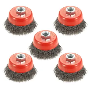 5 Pack 3 Inch Coarse Crimped Wire Cup Brush for Angle  with 5/8 Inch-11 Threaded Arbor - 0.014 Inch Carbon Steel Wire -Light Duty Conditioning for Metals
