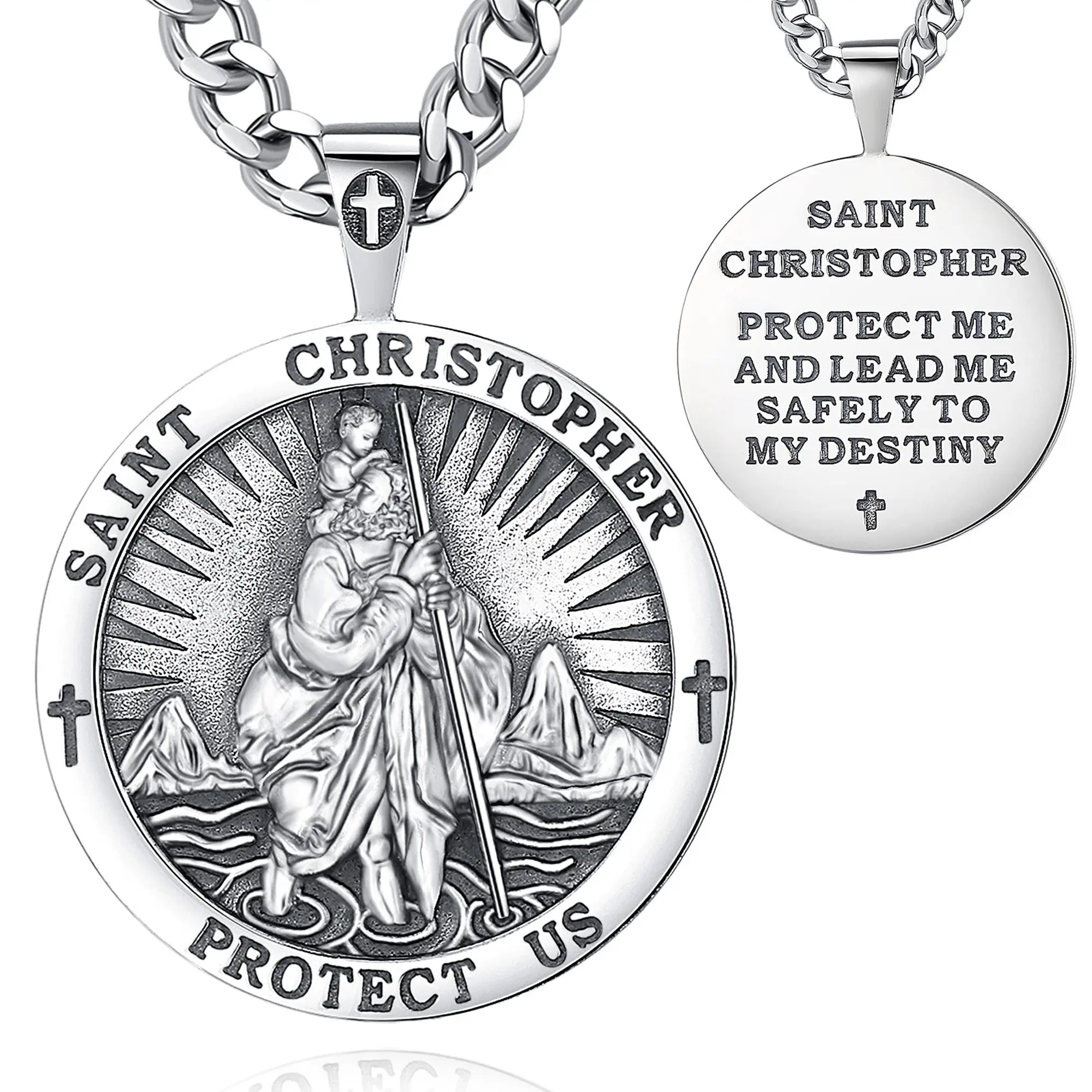 St Christopher Necklace 925 Sterling Silver Amulet Necklace, St Christopher Medal Protection Jewelry, Religious Necklace Christmas Gifts Unisex