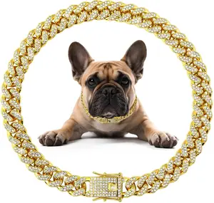 Cuban Link Dog Collar Gold Crystal Dog Necklace Metal Chain Collar with Design Secure Buckle Pet Collar Jewelry Accessories for Small Medium Large Dogs Cats Diamond Fashionable Chain Necklace