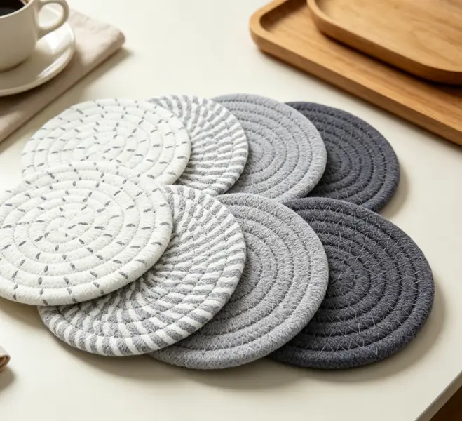Cotton Woven Drink Coasters Set for Cats - 4 Colors, 4.3 Inch Absorbent Table Coasters for Coffee Mugs & Tabletop Protection