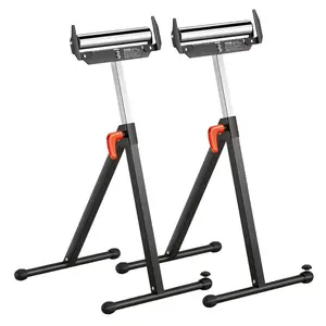 VEVOR 2-Pack Roller Stands, 250 lbs Load Capacity, 27-43 in Adjustable Height, Folding Heavy Duty with Polished Steel Roller Head Edge Guides, for Table Saw Outfeed Woodworking Extension Support