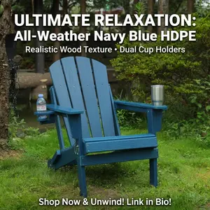 Adirondack Chair Folding HDPE Outdoor Chairs with Cup Holder Composite Navy Blue Wood Texture Heavy Duty Patio Furniture for Garden Fire Pit Deck Backyard Makeover Aesthetic Porch Seating Summer Essentials Weatherproof