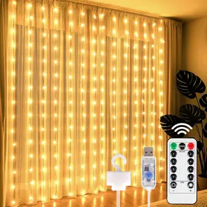 300 LED Curtain Lights for Bedroom, 9.8 x 9.8 FT  Operated Lights with 8 Modes Remote Christmas  Wall Window Garden Decor (Warm White)