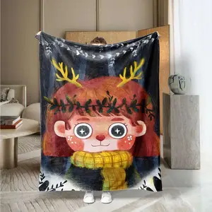 Cartoon Reindeer Girl Print Blanket, Soft Skin-Friendly Casual Throw, Suitable for Bedroom Living Room Travel Camping, Hand Washable