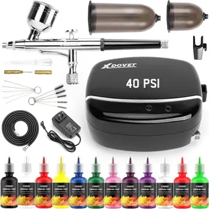 Upgraded 40PSI Airbrush Kit with Compressor Airbrush Set with 12 Colors of Pigments Multi-Function Dual-Action Airbrush Set for Shoes Clothes Model Painting Tattoos Cake Decoration