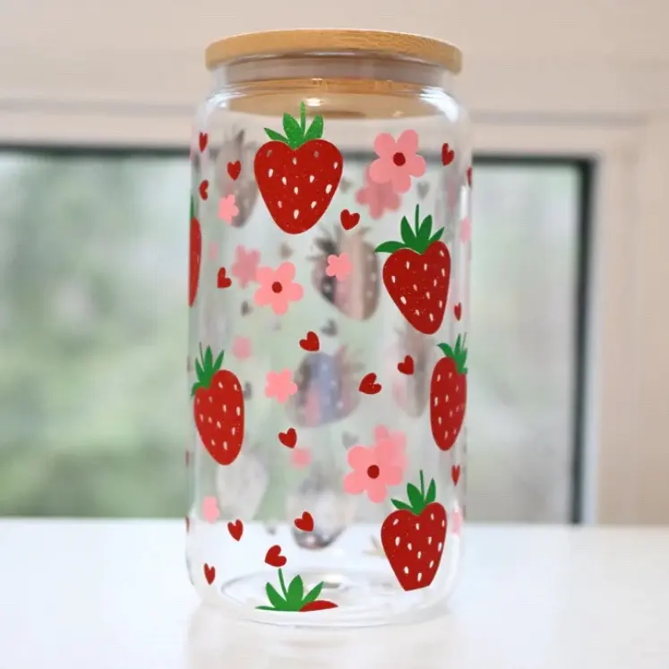 Cute Strawberry Hearts Glass Cup