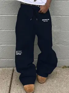 Men's Letter Waistband Sports Pants, Casual Loose-Fit Pocket Trousers, All-Season Comfortable Kint Fabric, Urban Culture Daily Wear, Casual Sporty Trousers