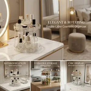 2-Tier Lazy Susan Organizer - Rotating Cosmetic Storage Rack for Vanity, Bathroom & Kitchen - Perfume & Skincare Display Stand - Multi-functional Countertop Shelf