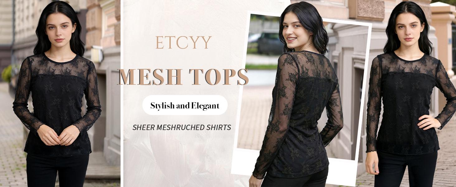 ETCYY Women's Elegant Floral Lace Patchwork Long Sleeve Top | Sexy Sheer Mesh Ribbed Knit Slim Fit Tee | Y2K Chic Party Streetwear,Sheer Lace Crew Neck Blouse,Floral Sheer Mesh Top