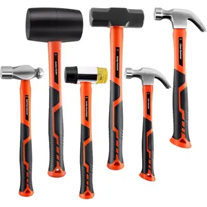 6- Hammer Mallet Set with Fiberglass Handle  Steel , 16oz Ball Pein Hammers | 32oz Rubber Mallet | 3lb Sledge | 16oz & 8oz Claw Hammer | 22oz Double-Faced Mallet