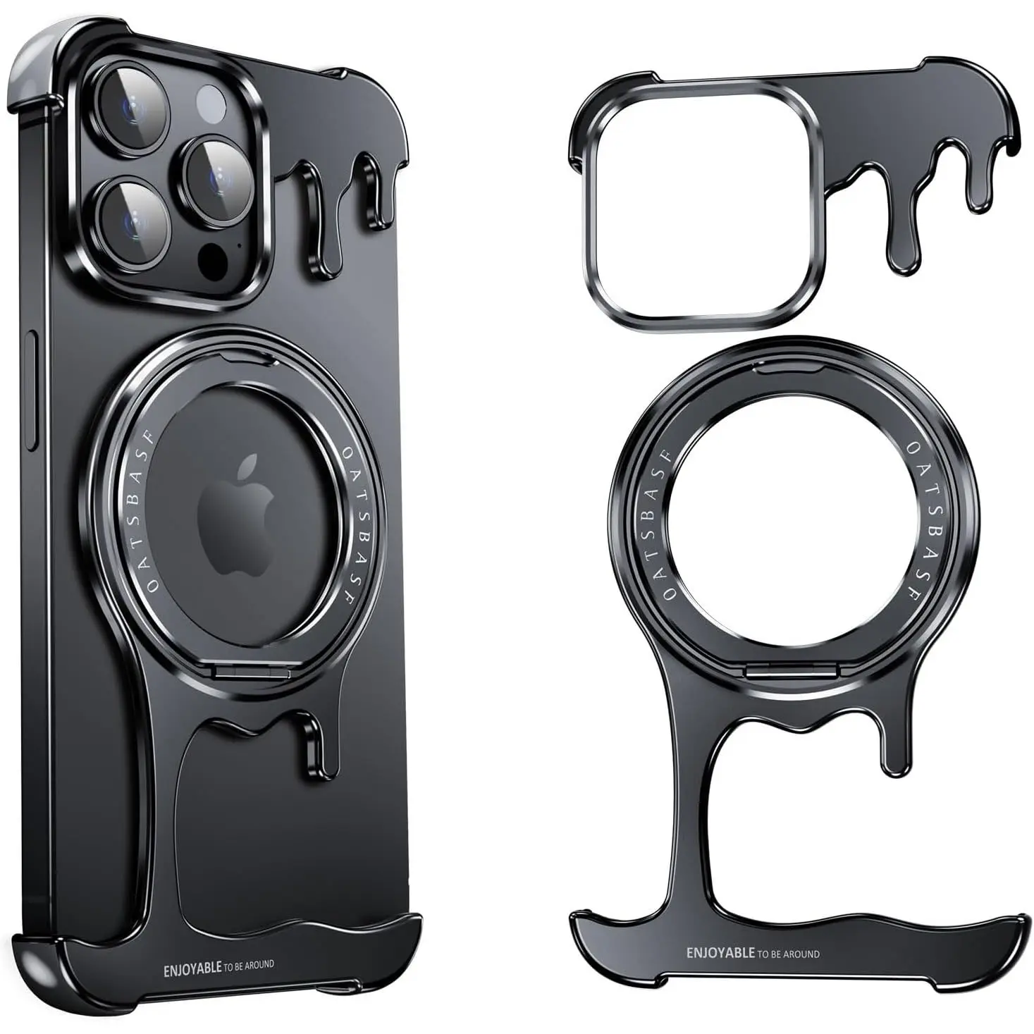 OGRANEE Liquid Metal Frameless Case for iPhone 13/14/15/16 Pro Max, Smartphone Cellphone Handheld Devices Accessories with MagSafe Kickstand, 360° Rotatable Ring Holder, Waterproof Aluminum Bumper, Slim Hard Shockproof Ultra-Thin Cover