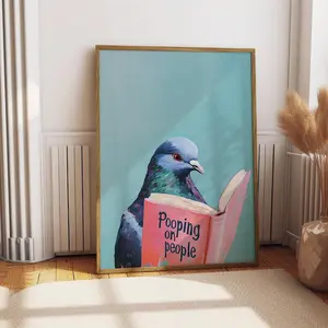 Funny Pigeon Reading Poster, “Pooping on People” Book Art Print, Humorous Bird Wall Decor, Quirky Animal Poster