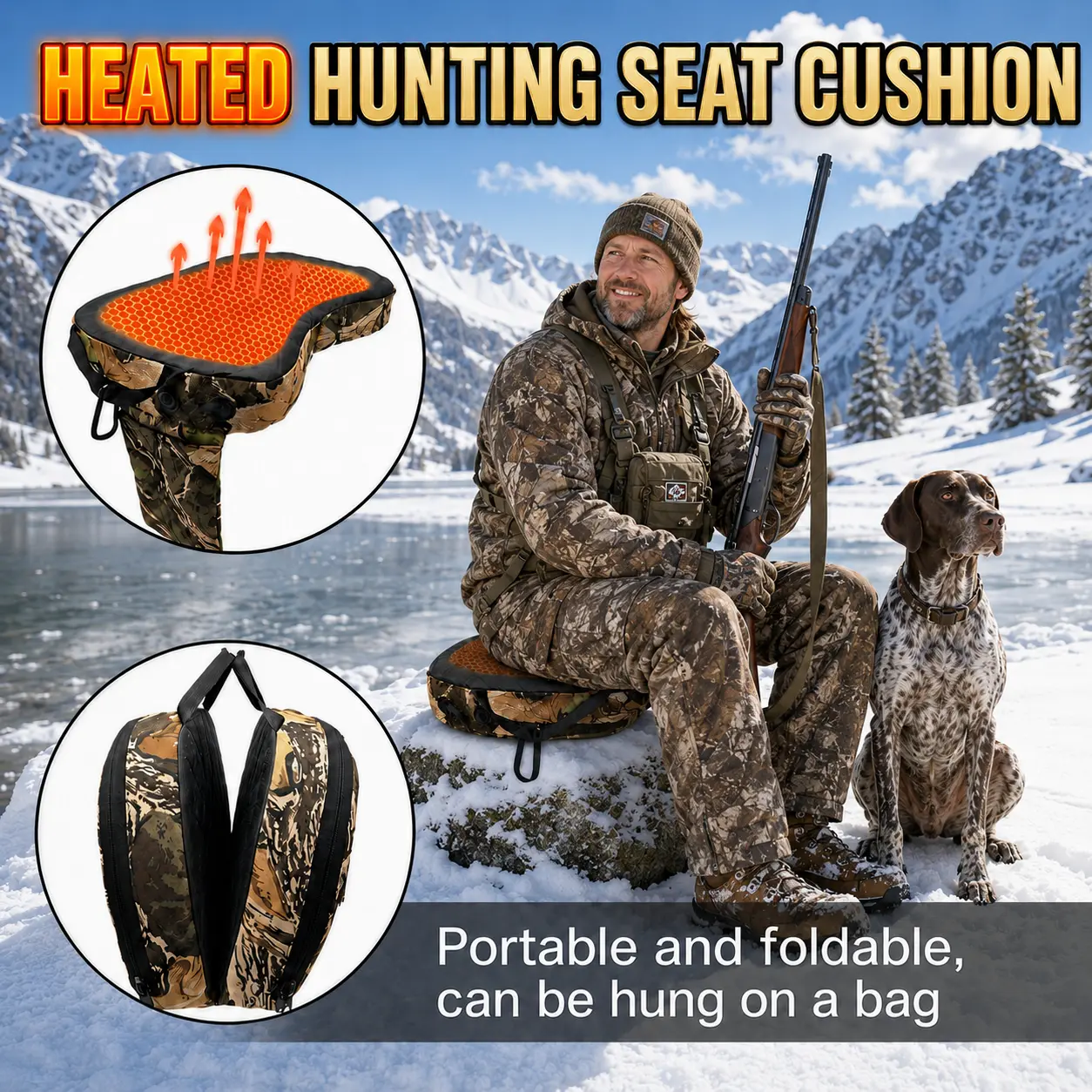 Portable USB-Powered Heated Hunting Cushion - Father's Day Gift, Foldable Outdoor Heating Seat Pad with Handle & Hook, 3-Temperature Settings, Durable Oxford Cloth for Hunting Stands, Camping (Power Bank Not Included), Compatible With Power Banks