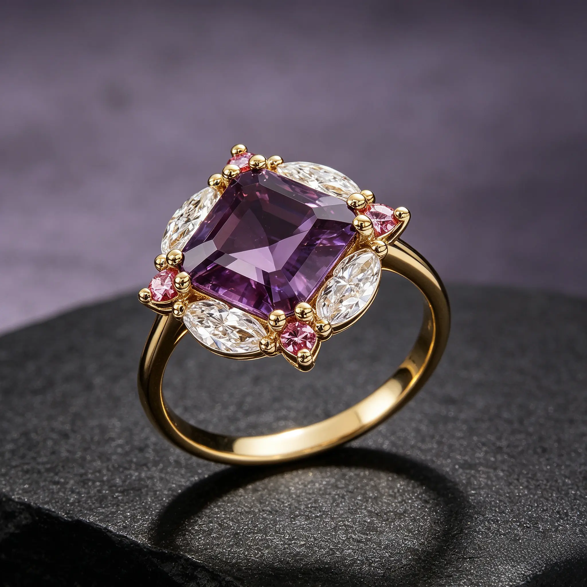 Women's Vintage Square Center Purple Synthetic Zircon Cocktail Ring - Copper Base, Sparkling Stone, Luxurious Halo High-End Costume Jewelry for Wedding Banquets, Casual Events, Sparkle