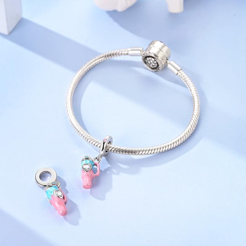 MULA 925 Sterling Silver Summer Water Bottle Pendant with Pink and Blue Enamel and CZ Hearts - Cute Drink Charm Beads, Compatible with Pandora Bracelets, Gift for Women Girls Teens