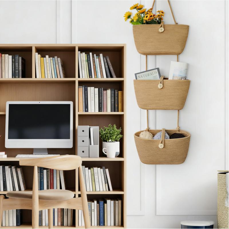 Over the Door Hanging Baskets with Wooden Button, 3-Tier Woven Cotton Storage Organizer Bag, Wall-Mounted with Hook Decorative Hanging Nursery Baskets, Jute