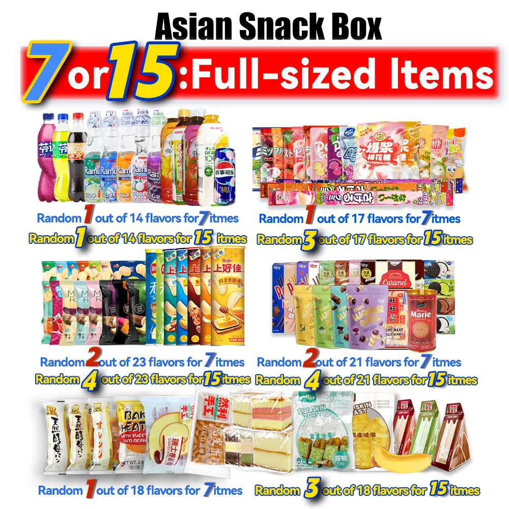 Asian Snack Box | 7 or 15 Full-Size Japanese Korean Chinese Snacks & Drinks Dessert Candy
