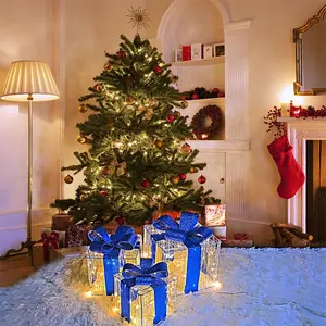 Christmas Decorations Set of 3 Lighted Gift Boxes 140 LED Warm White Metal Blue Handmade Tinsel Ornaments for Tree Indoor Outdoor Yard Holiday Door vintage christmas decor