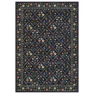 9x12 ft Low Pile Polyester Fiber Imitation Cashmere Blue Rectangular Shape Area Rug, Foldable Floral Print, Modern Washable for Indoor Hallway & Bathroom