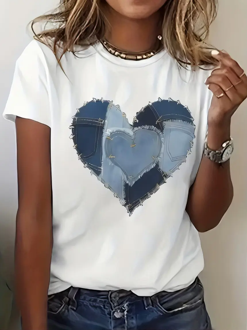 Denim Heart T-Shirt for Women - White Top with Denim Heart Design, Short Sleeve, Casual Style, Perfect for Daily Wear