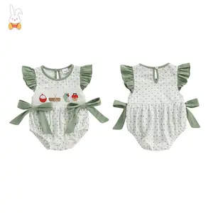 Newborn Baby Girl Fishing Outfit Fish Smocked Bubble Romper Dot Print Ruffle Bodysuit Infant Summer Clothes