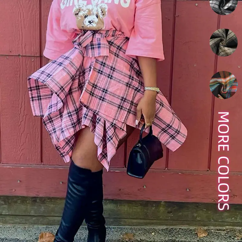 Plaid Asymmetrical Street Fashion Fitted Design Skirt Bottom | High Waist with Adjustable Belt | Hips & Thighs Flattering | Sweet Edgy Essential, Casual, Fitted