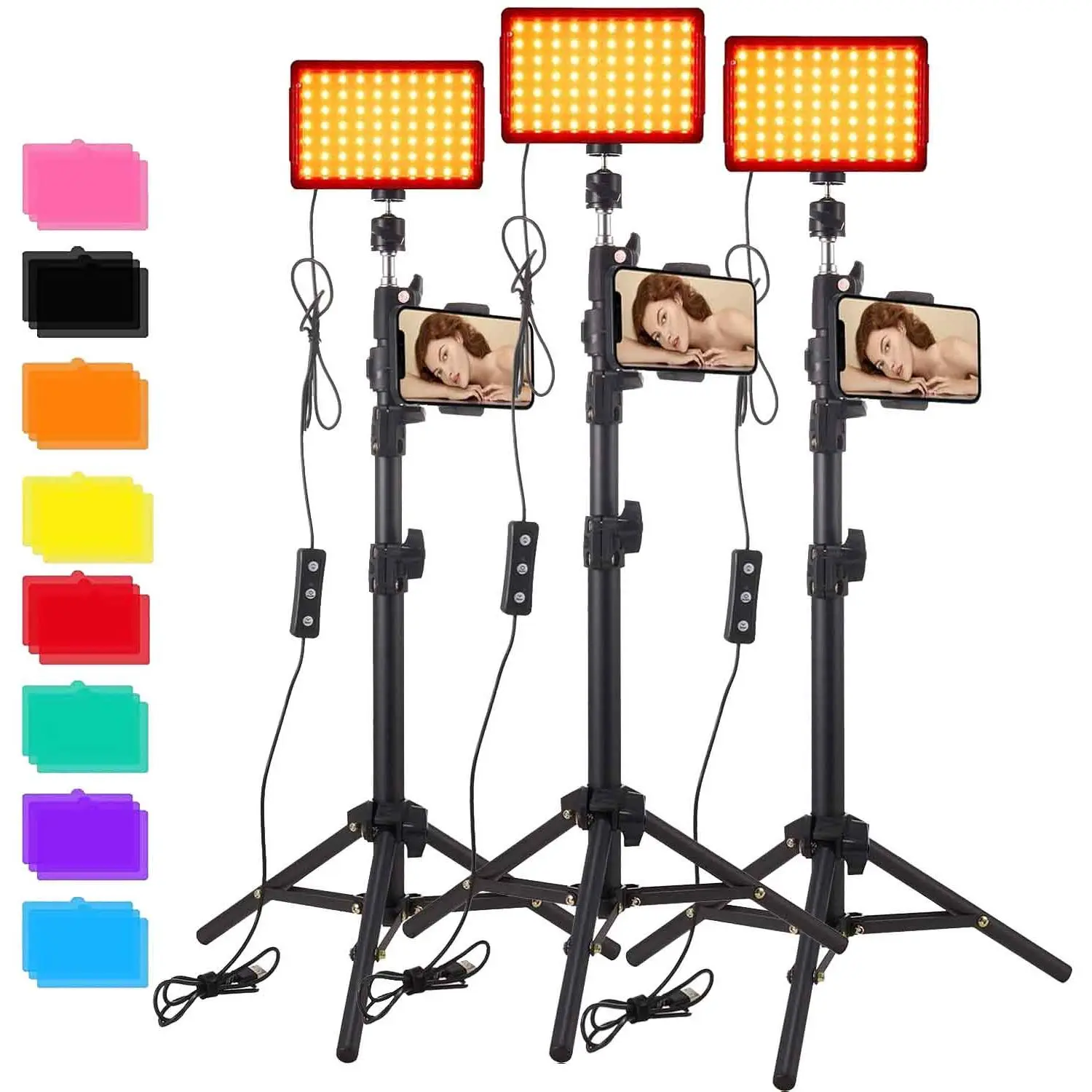 3 sets Color Filters LED Studio Streaming Lights, Portable Video Lighting for Video Recording Filming Camera Photo Photography Conference Game YouTube TikTok Portrait Shooting with Adjustable Tripod Stand & Color Filters LED Photography Video Lig