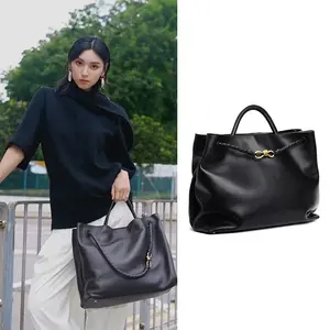 New Bowknot Full Cowhide Classic Woven Commuter Large Capacity Tote Handbag