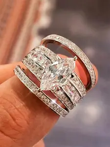 Elegant Artificial Zircon Decorated Stacking Ring Set, 3 Counts Rings for Women, Engagement Anniversary Party Accessories, Trendy All-match & Exquisite Jewelry for Birthday Gift, Marquise Cut Ring, Elegant Glittering Ring
