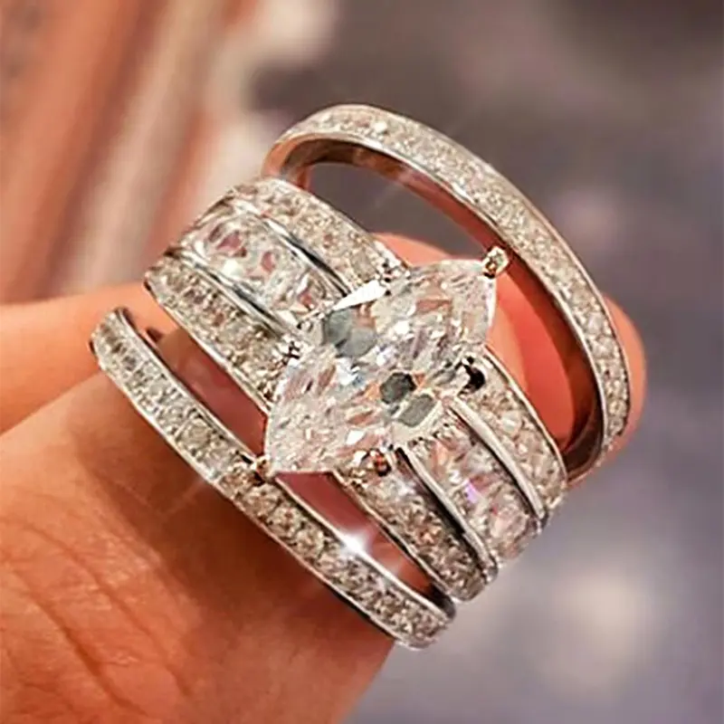 Elegant Artificial Zircon Decorated Stacking Ring Set, 3 Counts Beautiful Rings for Women, Engagement Anniversary Party Accessories, Trendy All-match & Exquisite Jewelry for Birthday Gift, Marquise Cut Ring, Elegant Glittering Ring, Stackable Rings