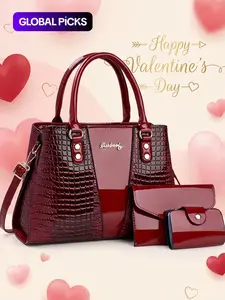 Women's 3-Piece Handbag Set, Crocodile Pattern Patent Leather Top Handle Bucket Bag Satchel Shoulder Bag & Wallets Set