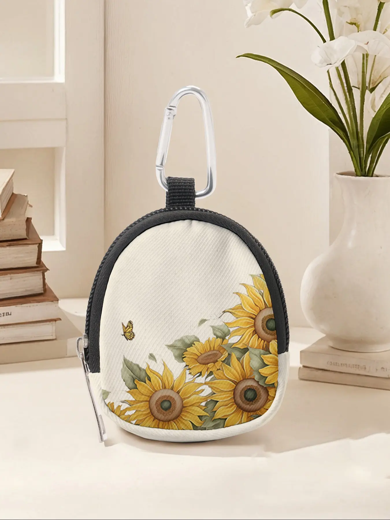 Sunflower Pattern Mini Wallet, Lightweight Zipper Coin Purse with Hook Clip, Earphone Key Bag, Unisex Casual Style, All Seasons