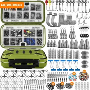 135pcs/205pcs/306pcs Fishing Gear Kit, Tackle Box with Hooks, Weights, Spinner Blade, Equipment for Bass, Trout, Bluegill, Crappie