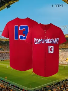Classic Number 13 & DOMINICAN Embroidery Design, Men's Baseball Jersey, Short Sleeve Breathable Shirt, Suitable for Training And Competition, Sportswear Top, Outdoor Apparel