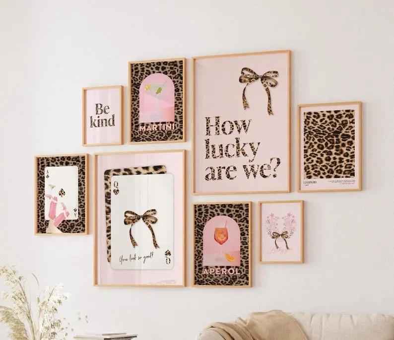 Leopard print wall art set of 8 pink dorm room decor trendy pink poster teen girl bedroom preppy college apartment girly