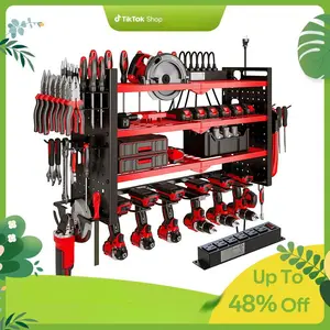 Tool Organizer Wall Mount with 6 Power Strip, Multi-functional storage rack, Cordless Tool Shelf, 4 Layers Storage Rack for Garage, 6 Drill Holders, Multicolor, Battery, Ul Certified