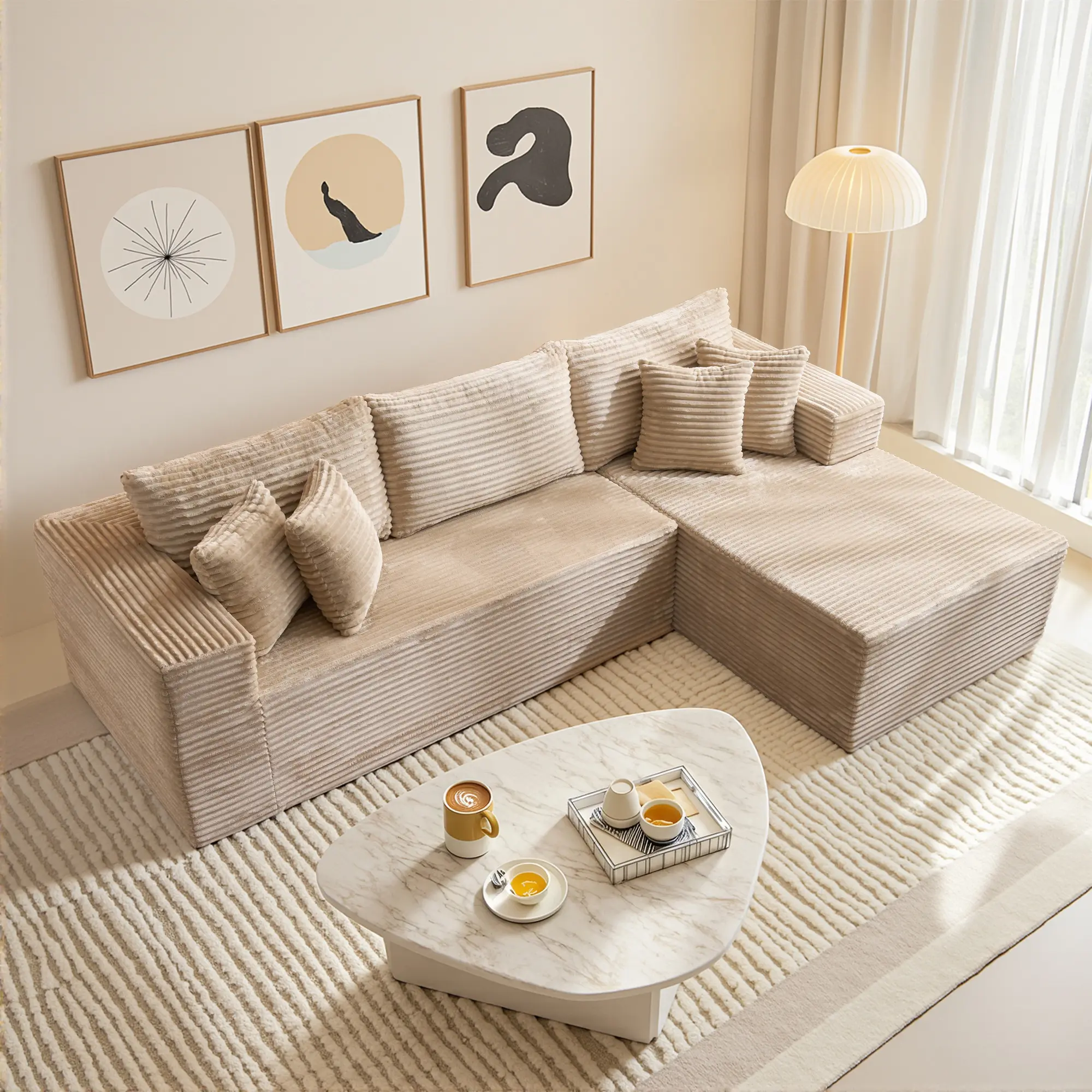 3 Seat Beige L Shape Sofa Right Chaise