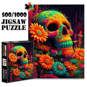 1pc 1000 piece adult puzzle 70x50cm Colorful Skull Surrounded by Vibrant Flowers 500 pieces paper jigsaw puzzle suitable for DIY creative games for adults and families, birthday and holiday stress re