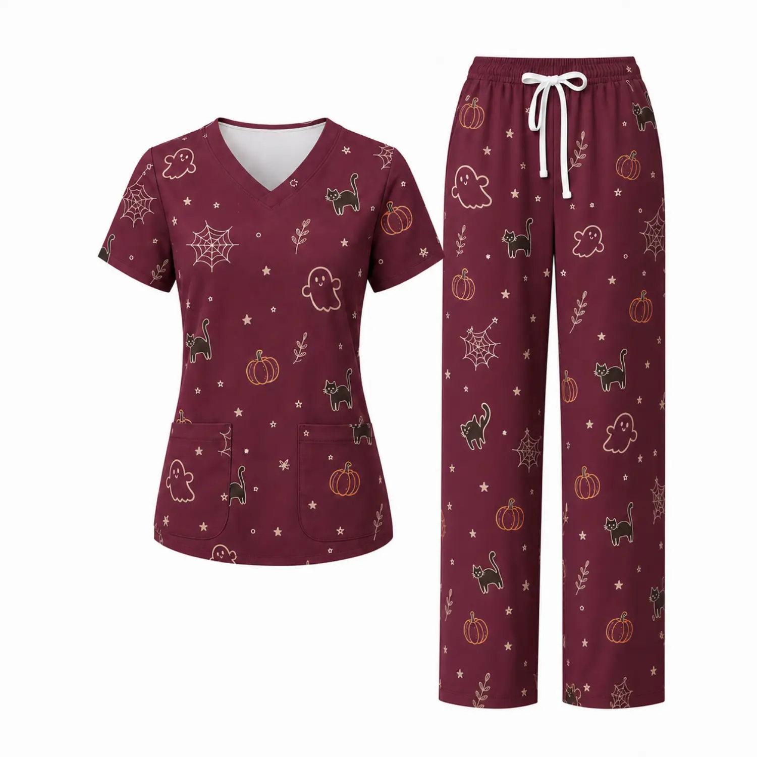 Halloween Wine Print Nurse Scrub Set - V-Neck Short Sleeve Top & Elastic Waist Pants for Medical Work