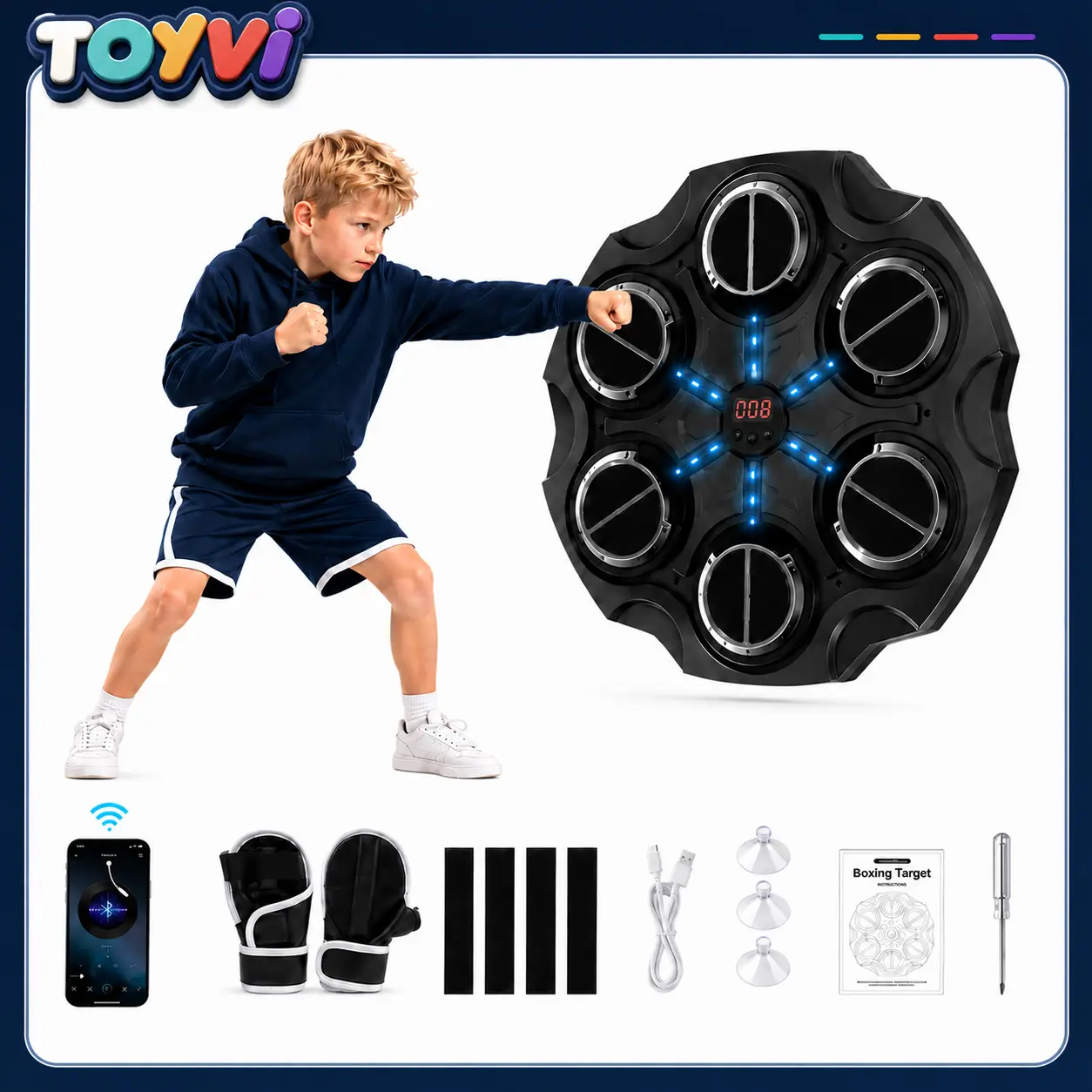 Musical Boxing Machine, Follow the Music Strikes, LED Light Guided Strikes, Height Adjustable, Wall Mounted Boxing Mat for Indoor Sports Enthusiasts